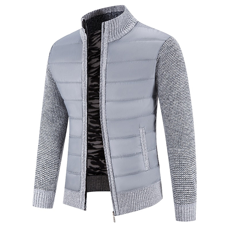 Men's dark grey full-zip stand collar cardigan with knit sleeves