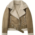 Women's camel sherpa-lined belted aviator jacket with zip pockets