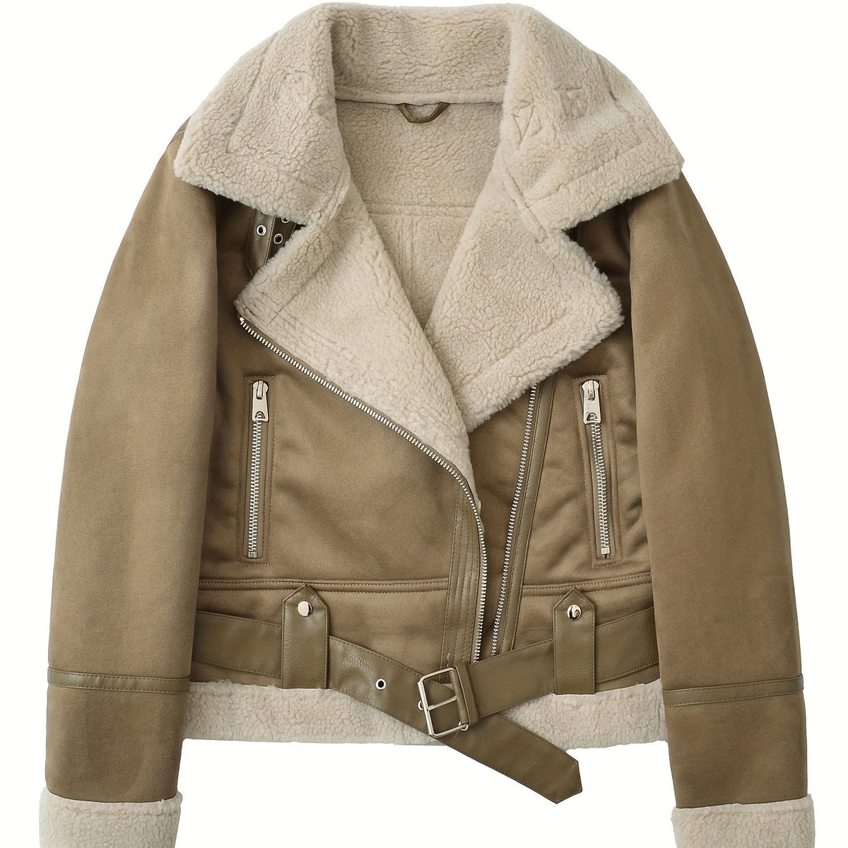 Women's camel sherpa-lined belted aviator jacket with zip pockets