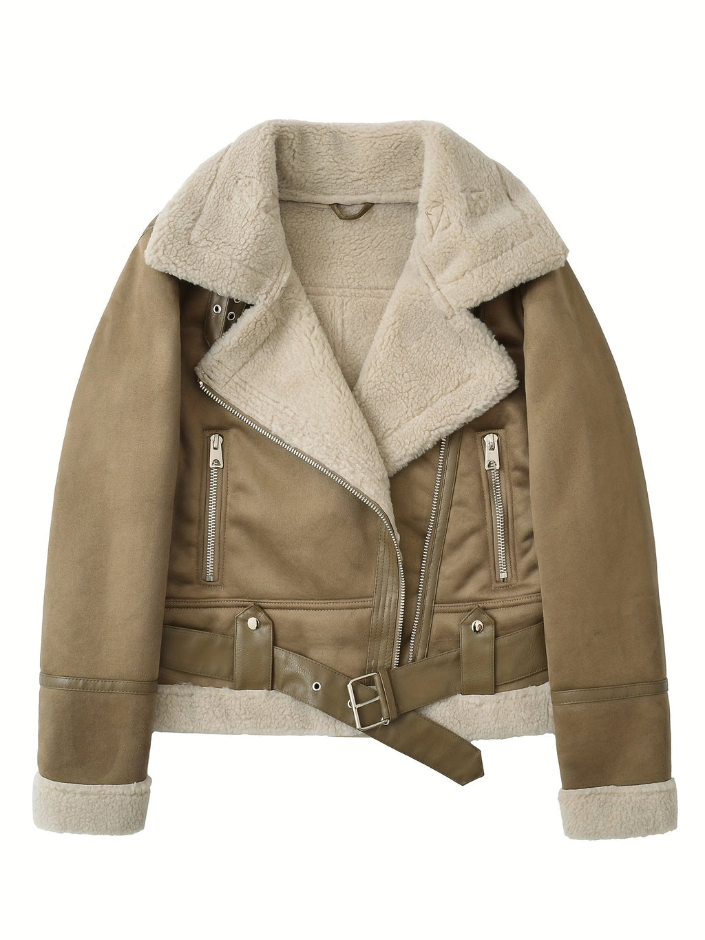 Women's camel sherpa-lined belted aviator jacket with zip pockets