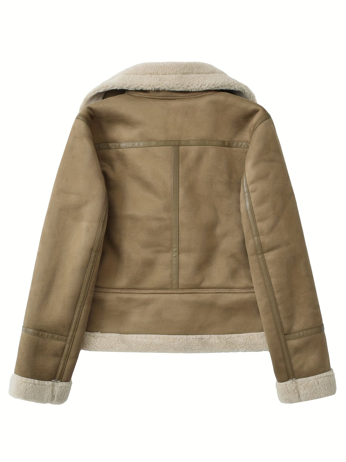 Women's camel sherpa-lined belted aviator jacket, back view