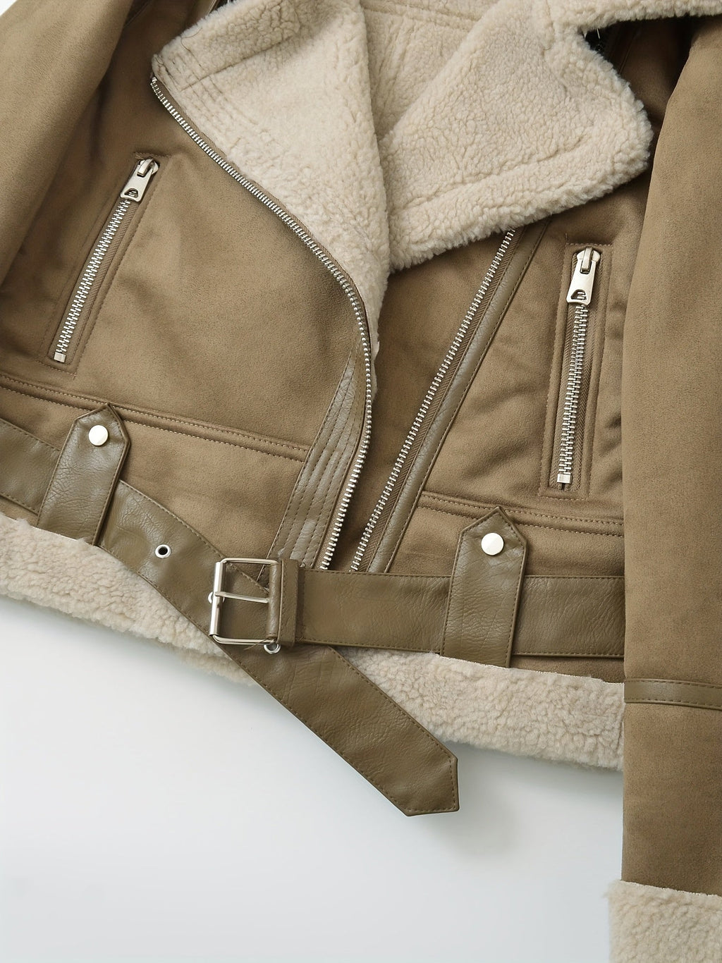 Women's camel sherpa-lined belted aviator jacket, collar and zip detail