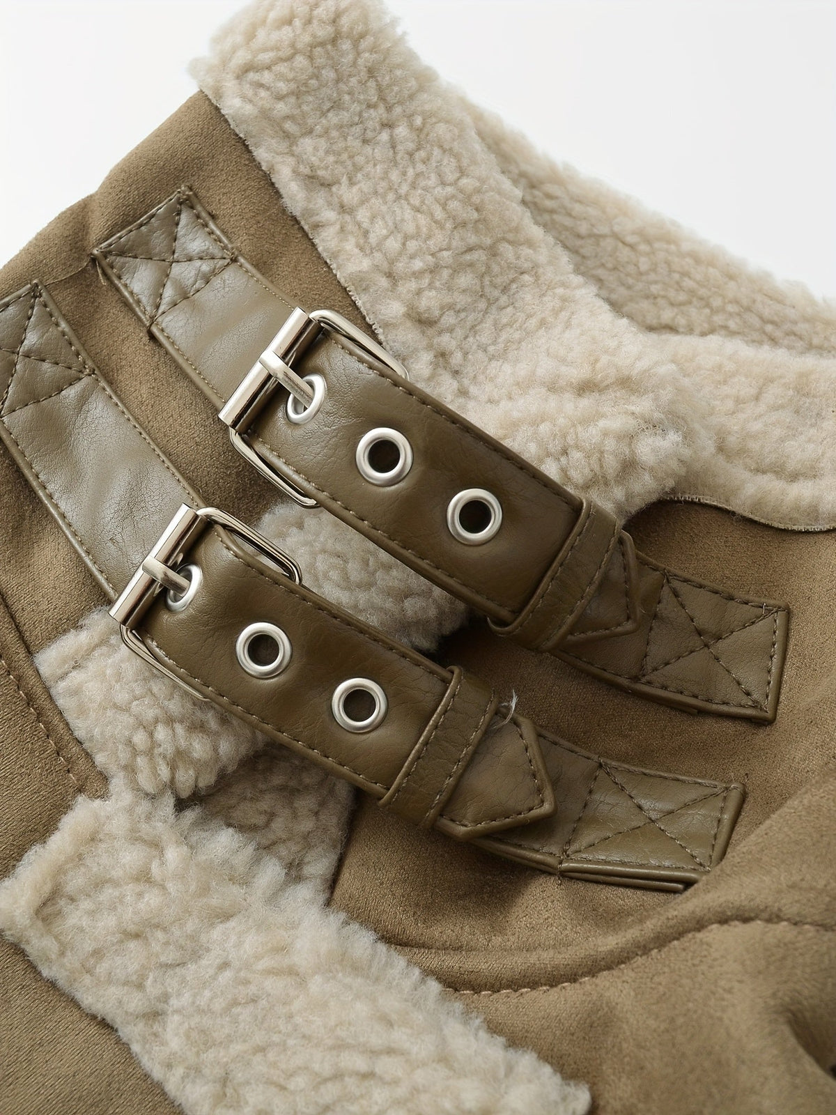 Women's camel sherpa-lined belted aviator jacket, belt buckle detail