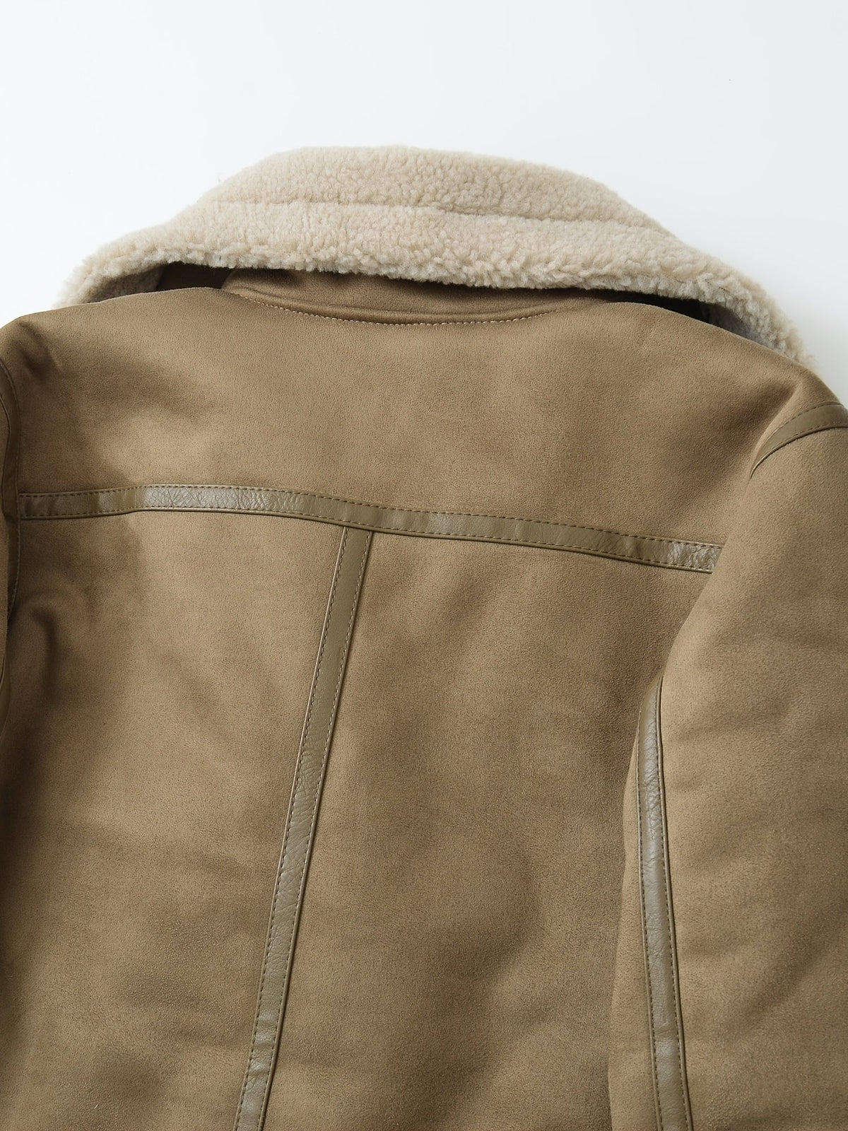 Women's camel sherpa-lined belted aviator jacket, back collar detail