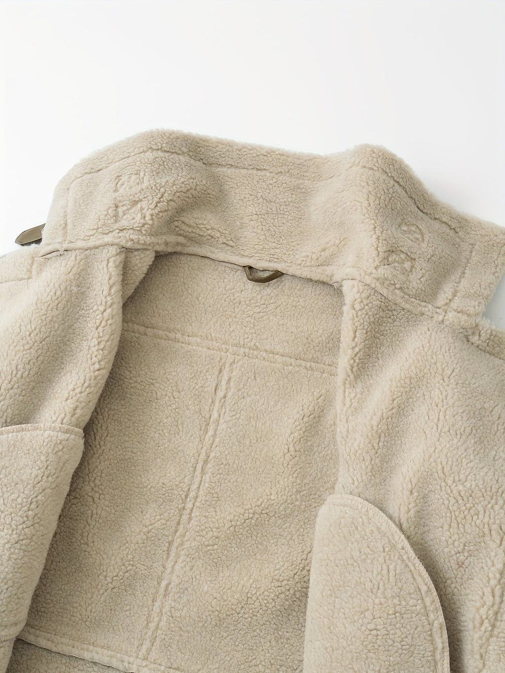 Women's camel sherpa-lined belted aviator jacket, back collar detail