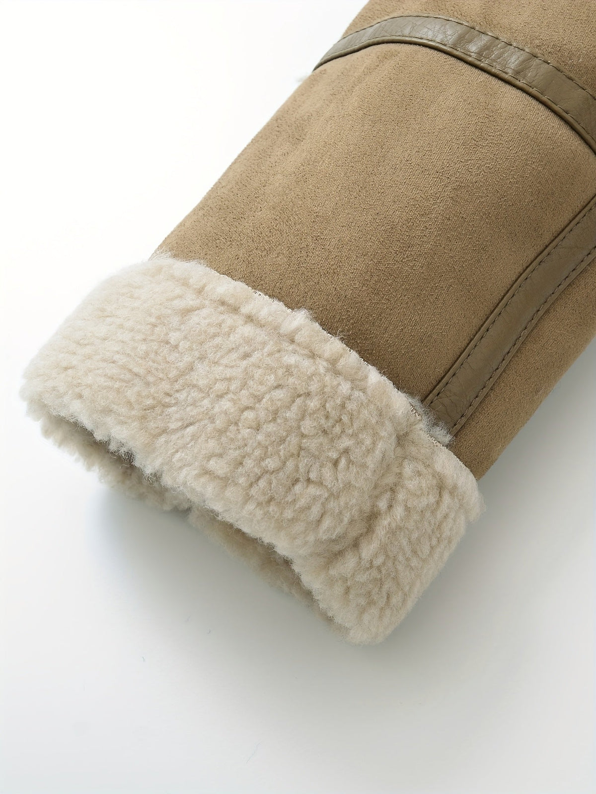 Women's camel sherpa-lined belted aviator jacket, back collar detail