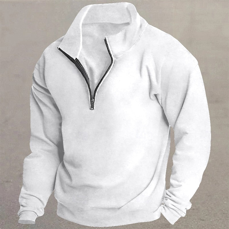 Men's white quarter-zip mock neck pullover sweater, front view