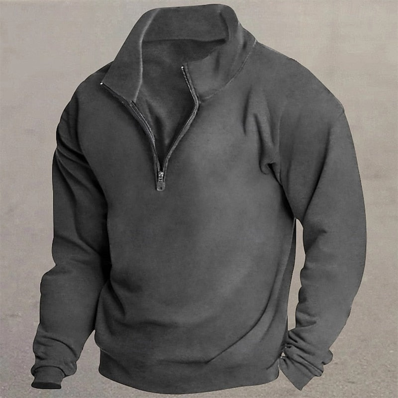Men's grey quarter-zip mock neck pullover sweater, front view