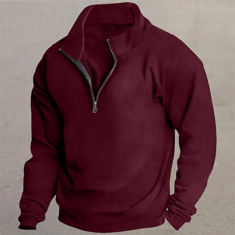 Men's burgundy quarter-zip mock neck pullover sweater, front view
