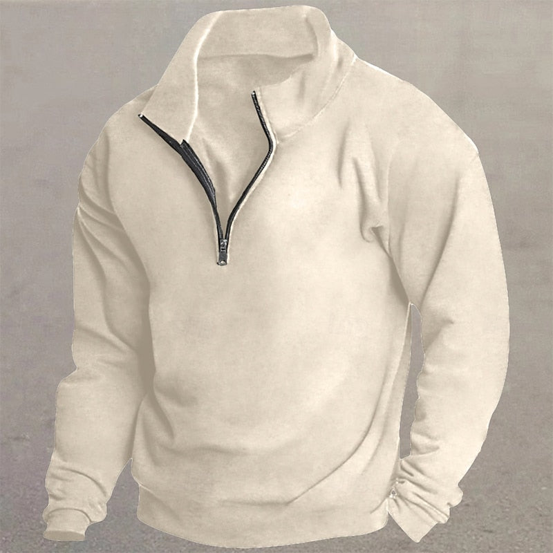 Men's cream quarter-zip mock neck pullover sweater, front view