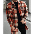 Men's orange plaid flannel longline overshirt with chest pockets