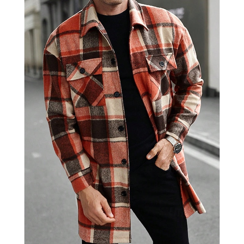 Men's orange plaid flannel longline overshirt with chest pockets