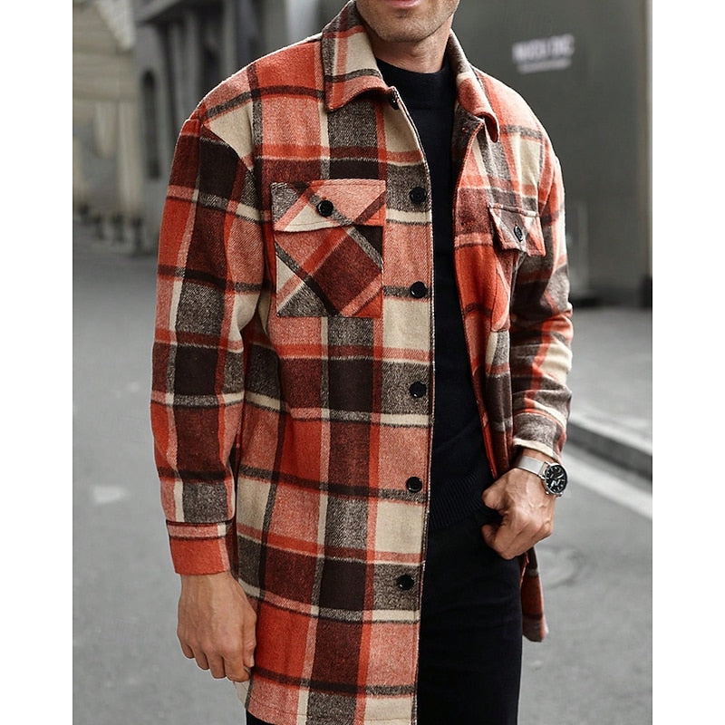 Men's orange plaid flannel longline overshirt with chest pockets