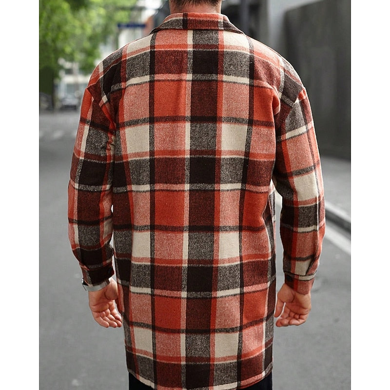 Men's orange plaid flannel longline overshirt with chest pockets