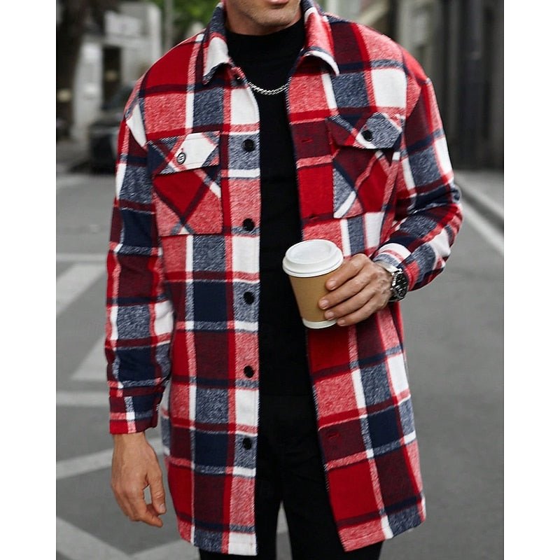 Men's wine plaid flannel longline overshirt with chest pockets
