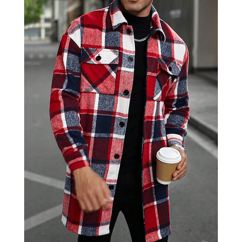 Men's wine plaid flannel longline overshirt with chest pockets