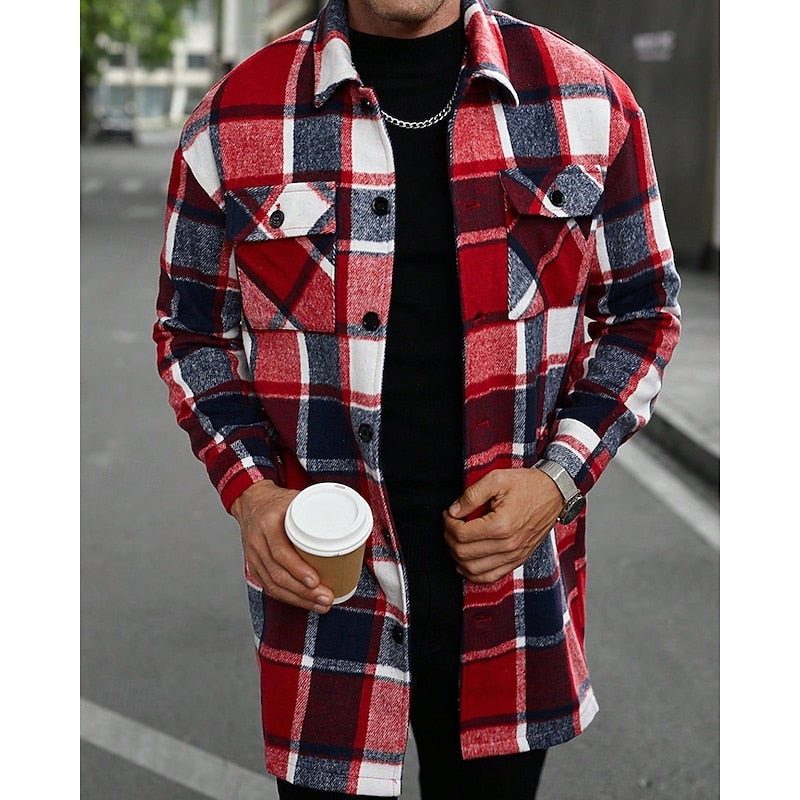 Men's wine plaid flannel longline overshirt with chest pockets
