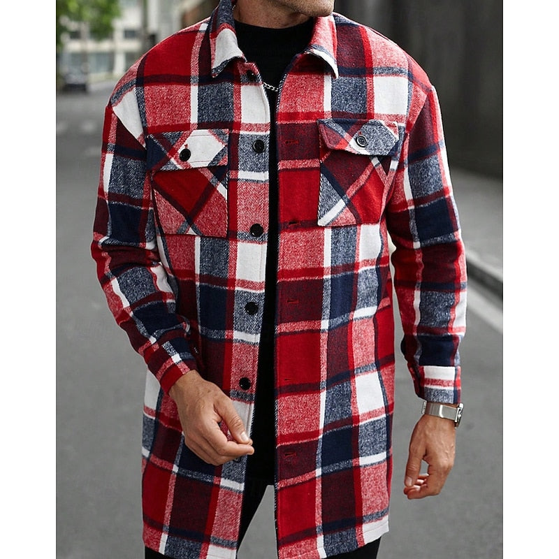 Men's wine plaid flannel longline overshirt with chest pockets
