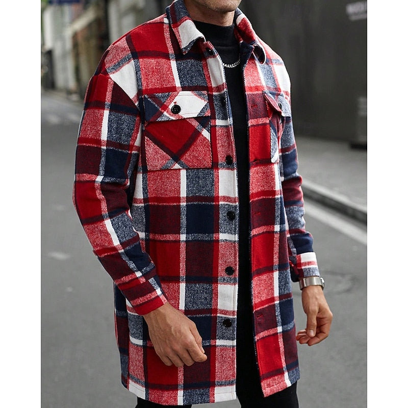 Men's wine plaid flannel longline overshirt with chest pockets