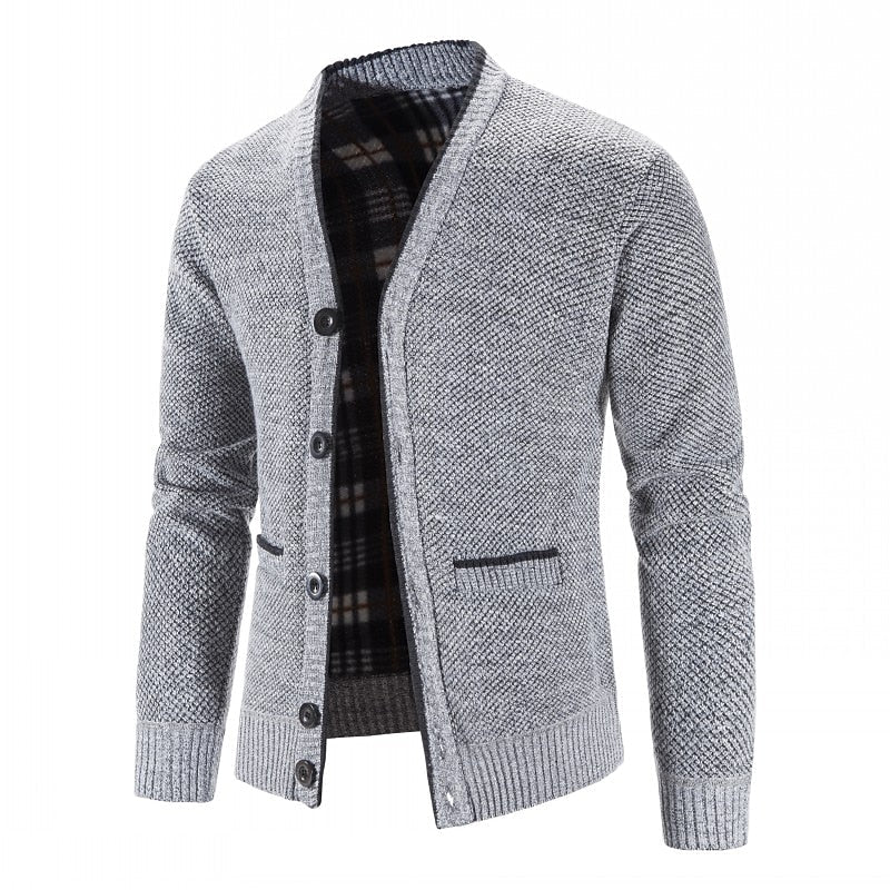 Men's lined button-front v-neck cardigan with handy front pockets