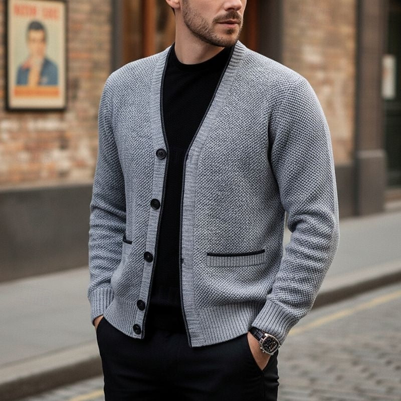 Men's lined button-front v-neck cardigan with handy front pockets