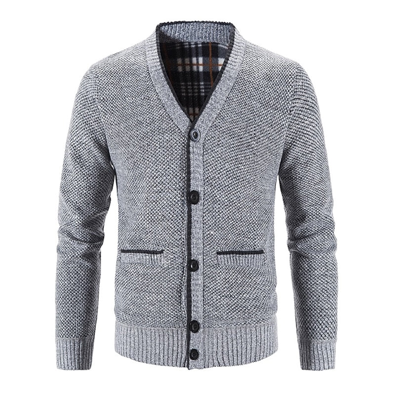 Men's lined button-front v-neck cardigan with handy front pockets