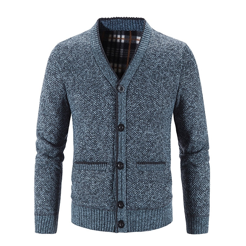 Men's lined button-front v-neck cardigan with handy front pockets