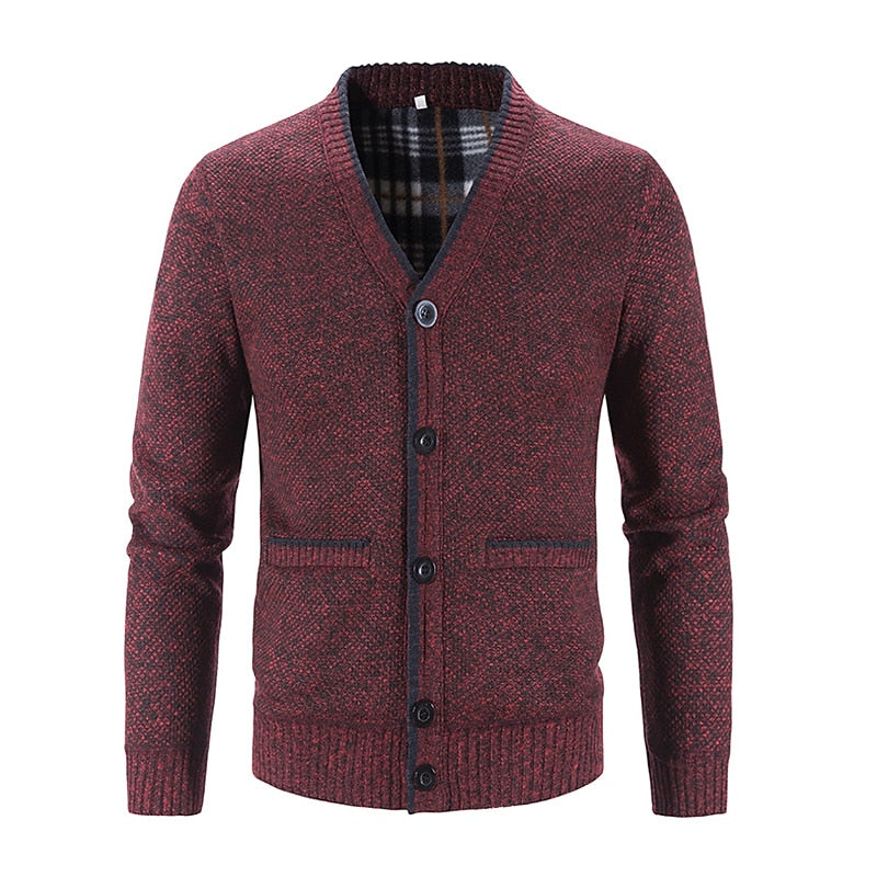 Men's lined button-front v-neck cardigan with handy front pockets