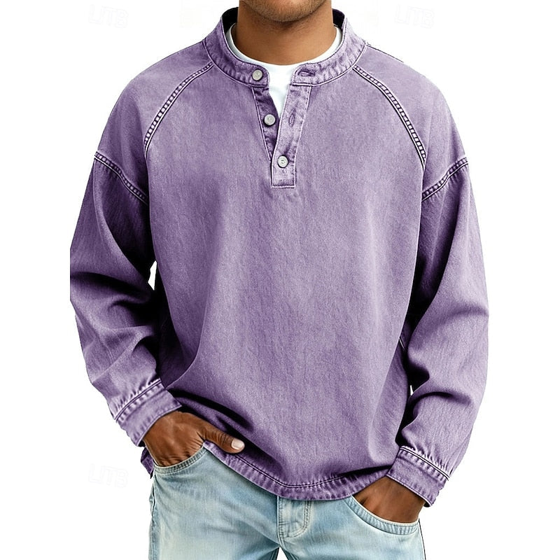 Men's purple vintage-washed henley shirt with standing collar
