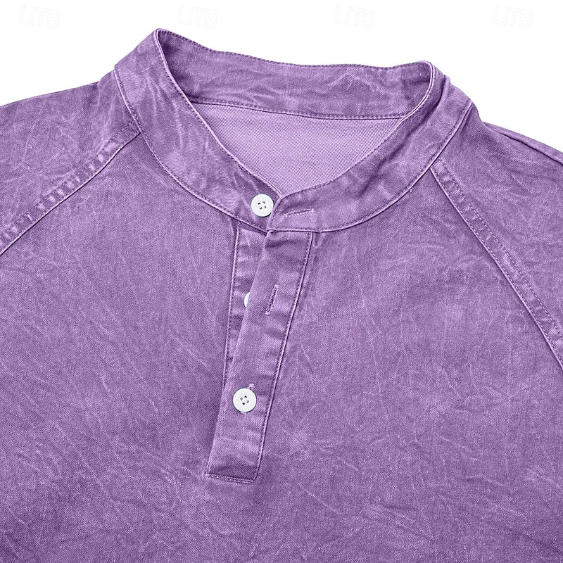 Men's purple vintage-washed henley shirt with standing collar