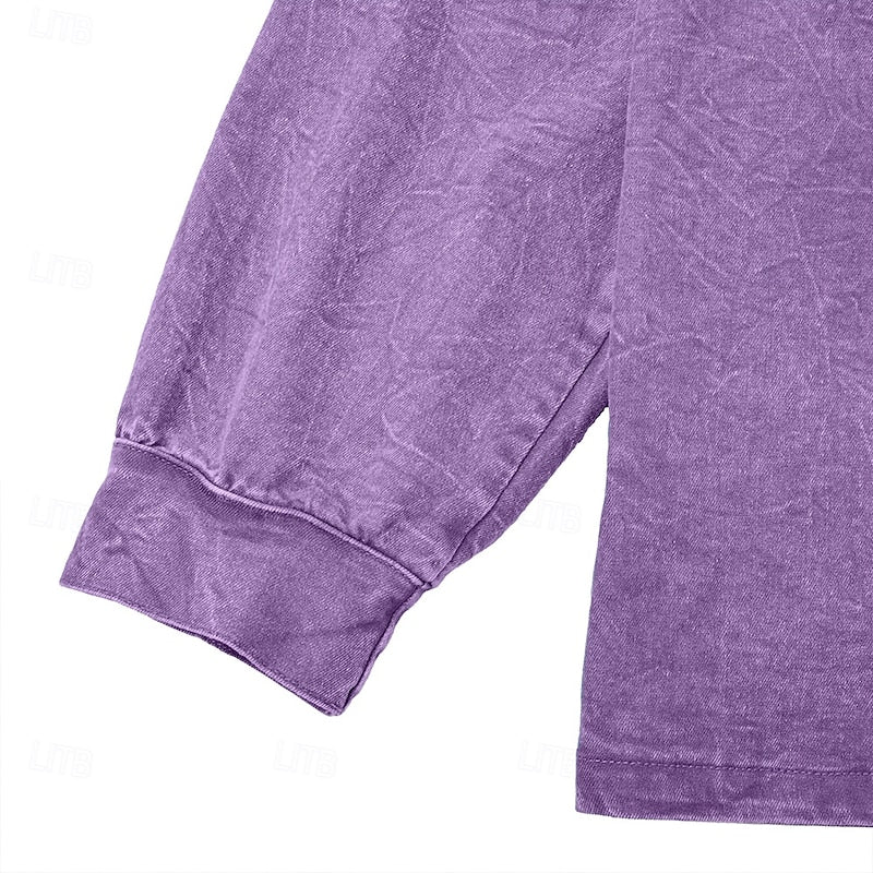 Men's purple vintage-washed henley shirt with standing collar