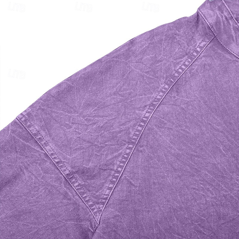 Men's purple vintage-washed henley shirt with standing collar