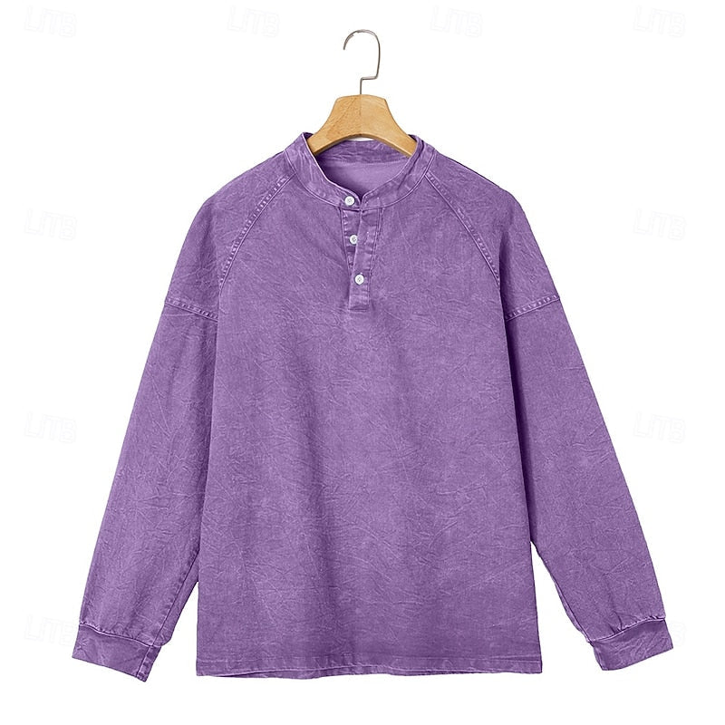 Men's purple vintage-washed henley shirt with standing collar