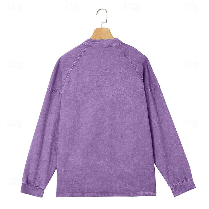 Men's purple vintage-washed henley shirt with standing collar