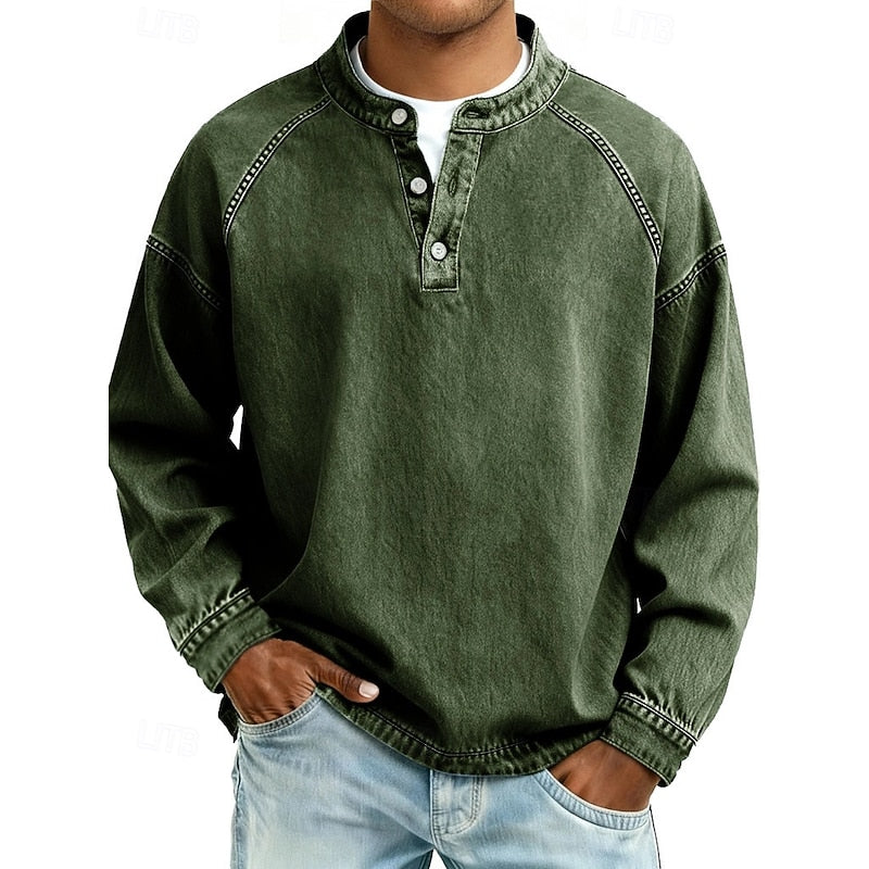 Men's purple vintage-washed henley shirt with standing collar