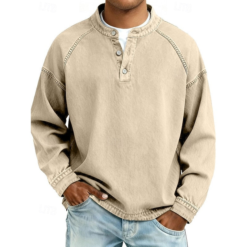 Men's purple vintage-washed henley shirt with standing collar