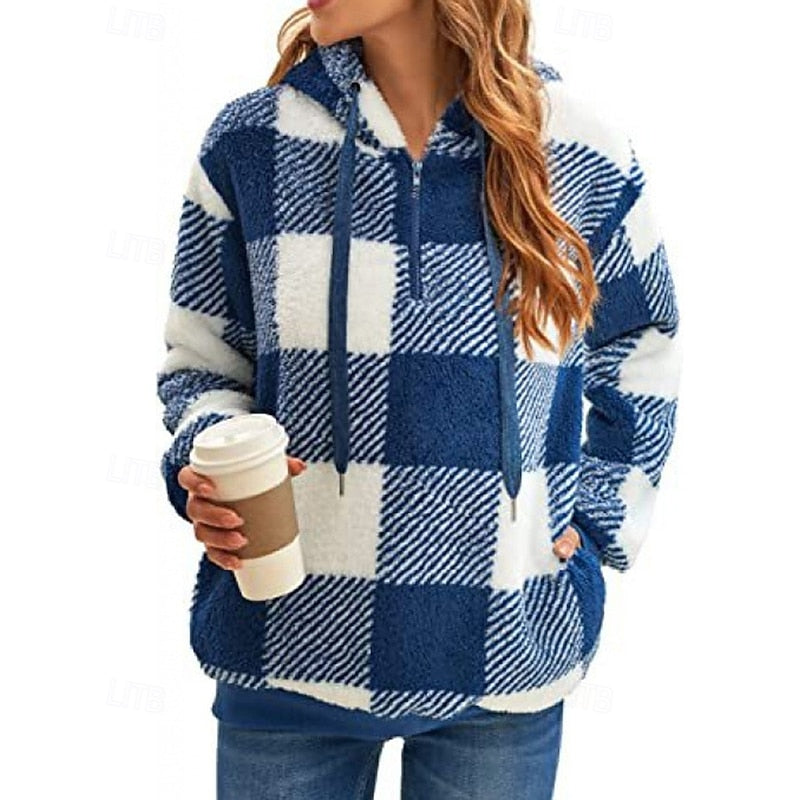Women's blue checkered quarter-zip hoodie