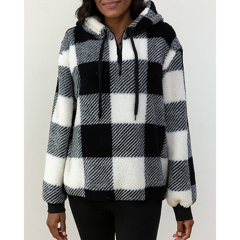 Women's black checkered quarter-zip hoodie