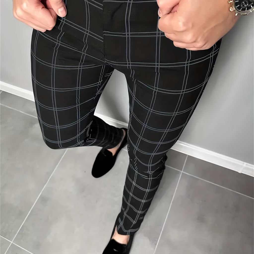 Men's slim-fit dress pants with a classic check pattern for the office