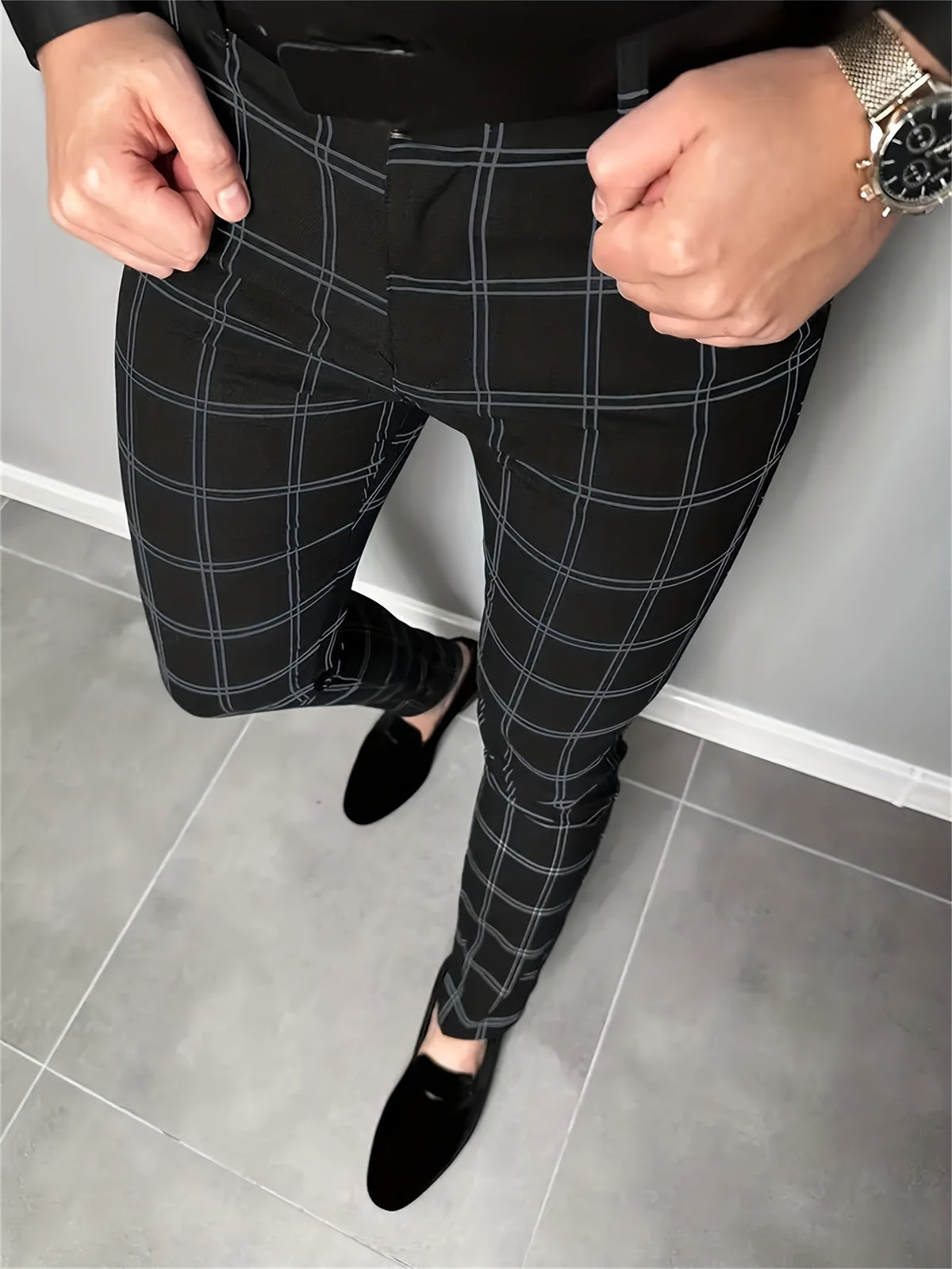Men's slim-fit dress pants with a classic check pattern for the office