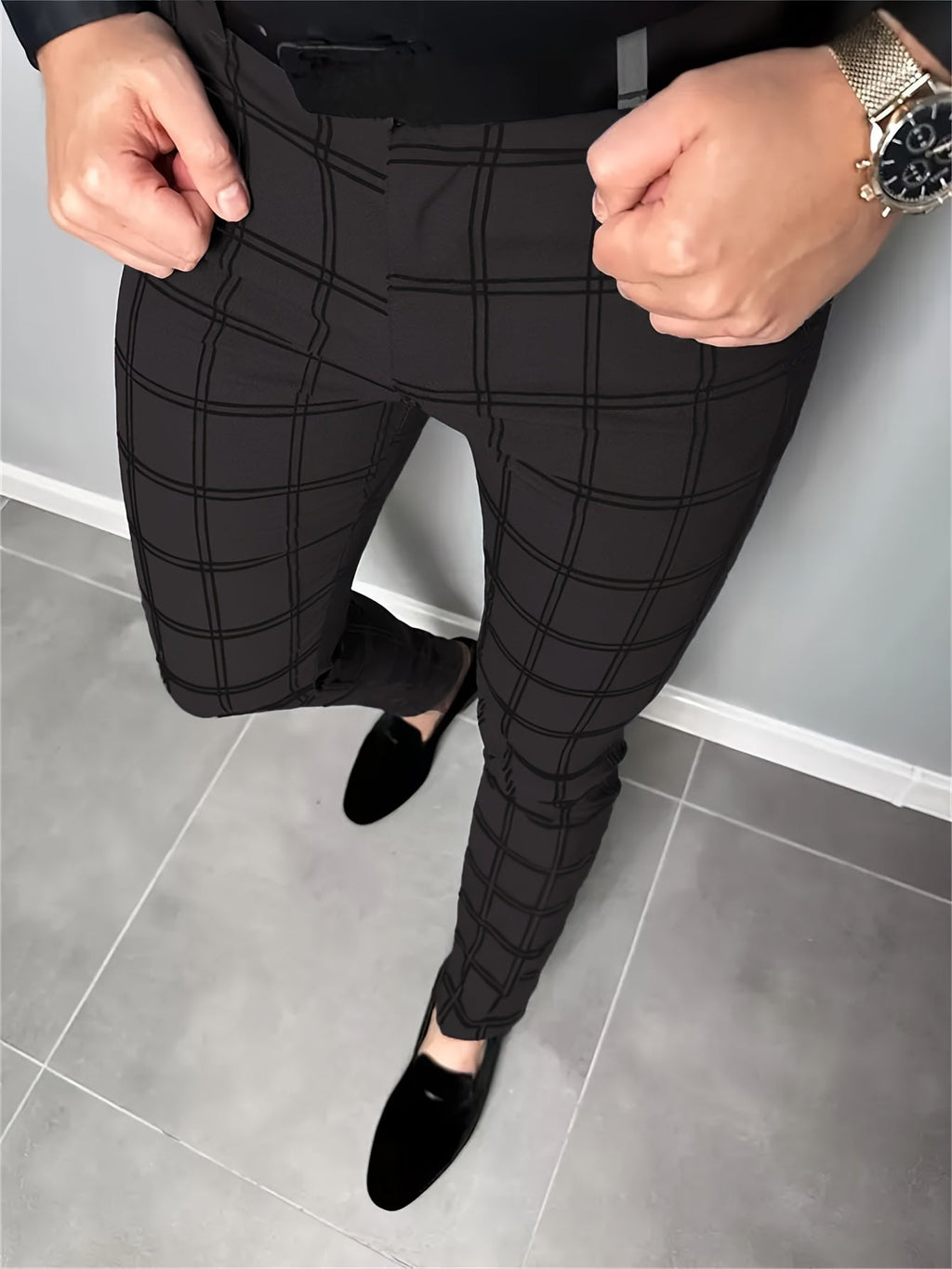 Men's slim-fit dress pants with a classic check pattern for the office
