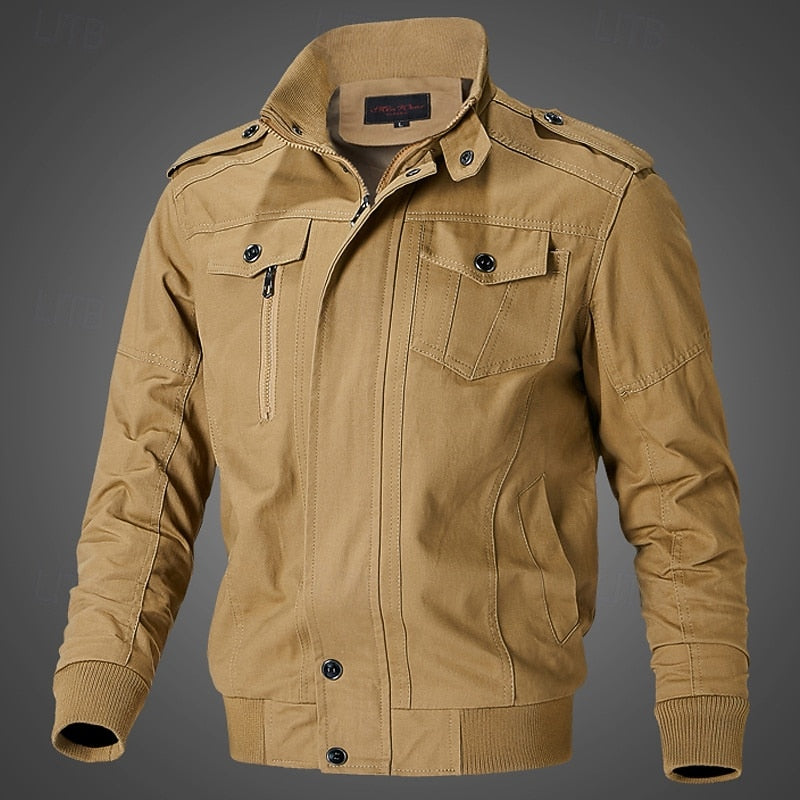 Men's khaki stand-collar cotton field jacket with front zip and pockets
