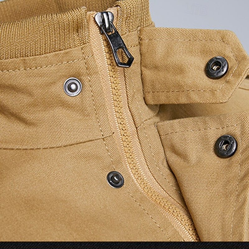 Men's khaki stand-collar cotton field jacket with front zip and pockets
