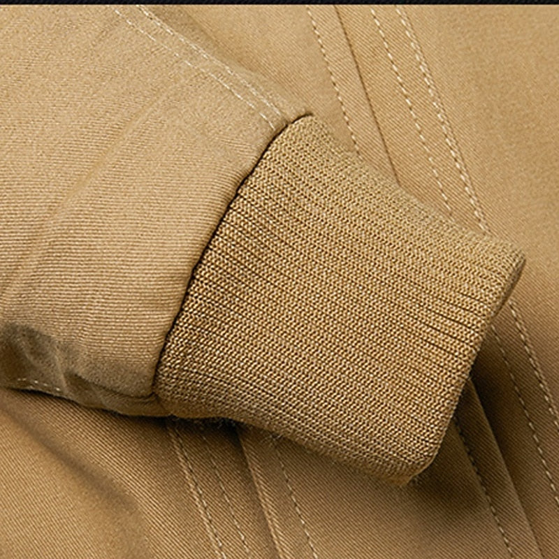 Men's khaki stand-collar cotton field jacket with front zip and pockets