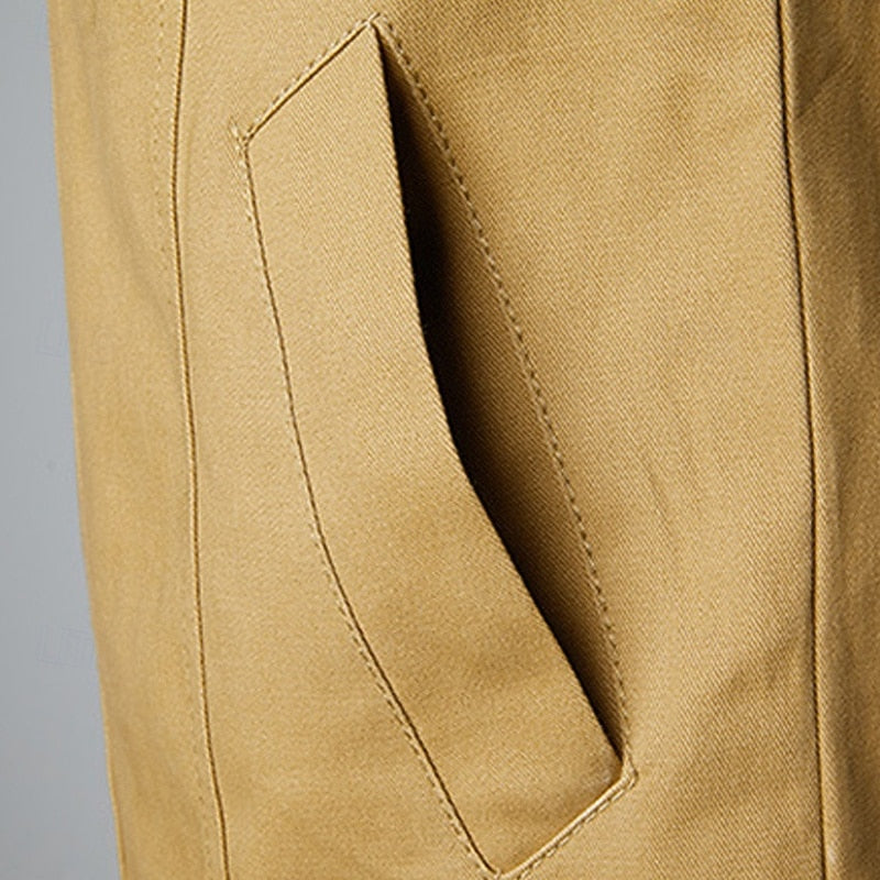 Men's khaki stand-collar cotton field jacket with front zip and pockets