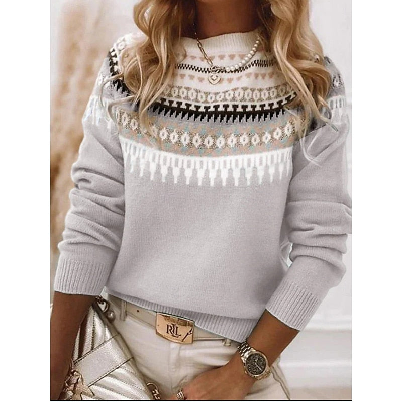 Women's light gray fair isle pattern crew neck sweater with ribbed cuffs