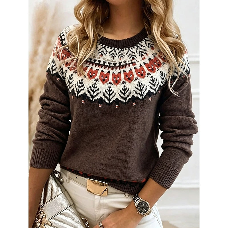 Women's brown fair isle pattern crew neck sweater with ribbed cuffs