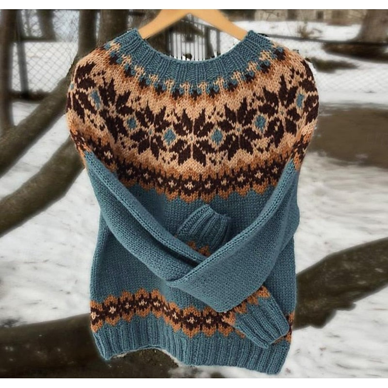 Women's fair isle pattern crew neck sweater with ribbed cuffs