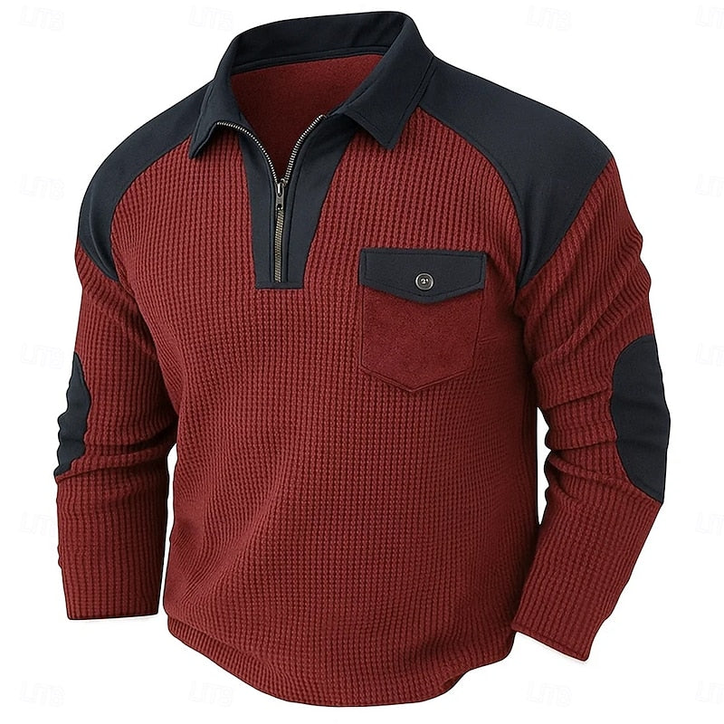Men's wine quarter-zip textured pullover with elbow patches