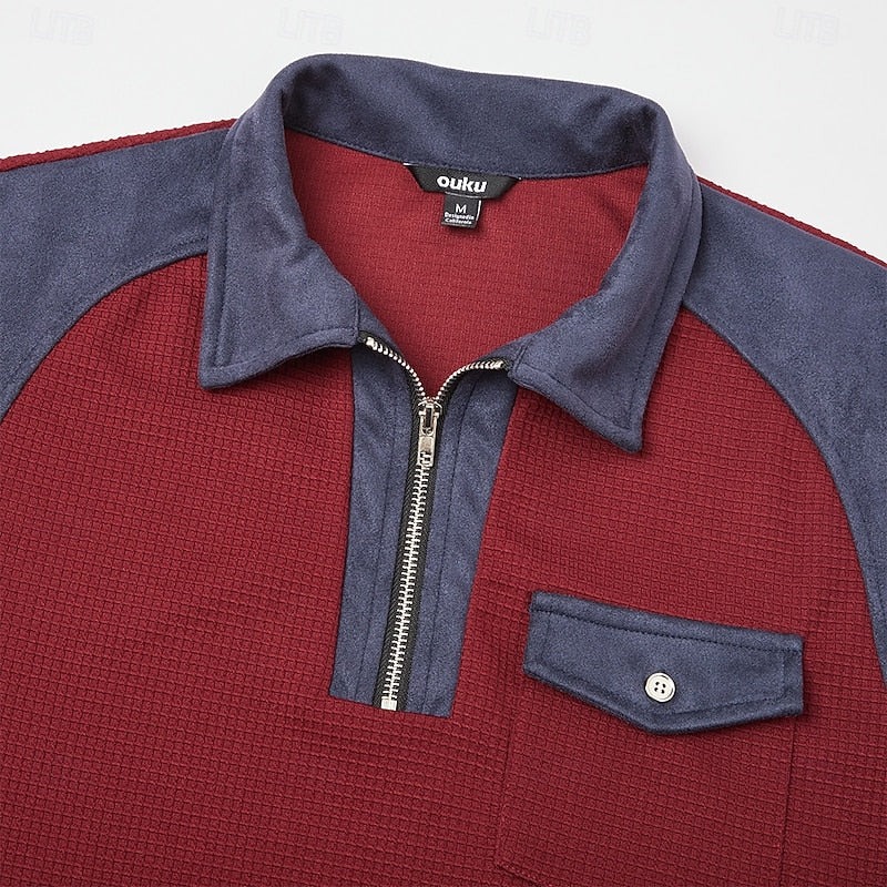 Men's wine pullover, close-up of quarter-zip collar and pocket